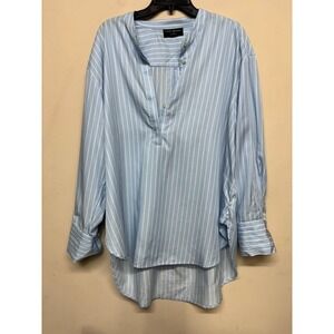 Lane Bryant Blue White Stripe Popover Blouse 14/16 Plus Boyfriend Fit Relaxed